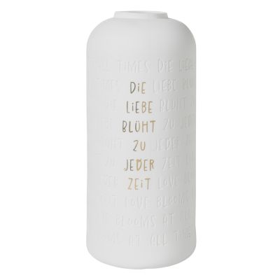Weiße Vase "Die Liebe Blüht zu Jeder Zeit" mit goldenem Schriftzug, ideal als Hochzeitsdekoration.